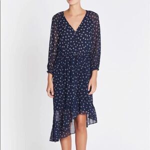 Joie Silk Asymmetrical Alithea Dress Dark Navy Small Long Sleeve V-Neck Floral